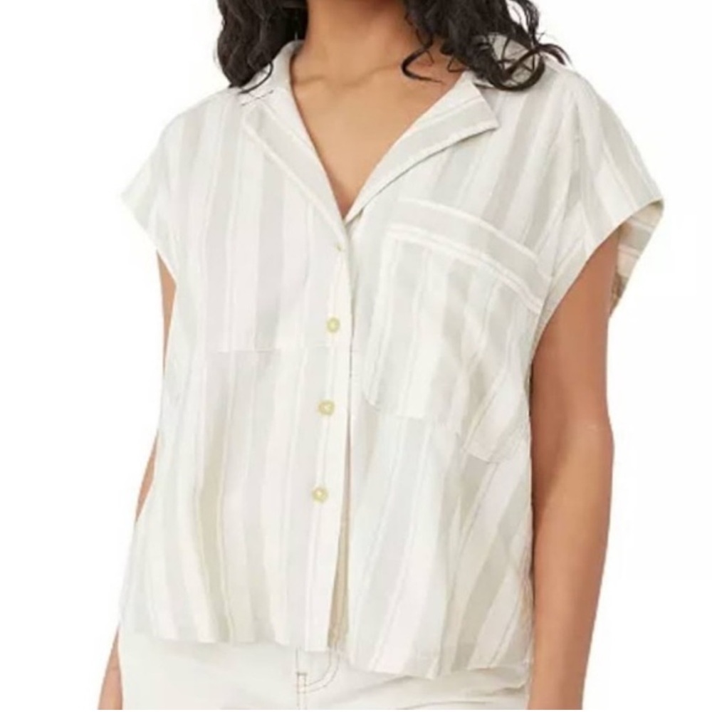 We The Free Cream & White Striped Short Sleeve Button-Up Top